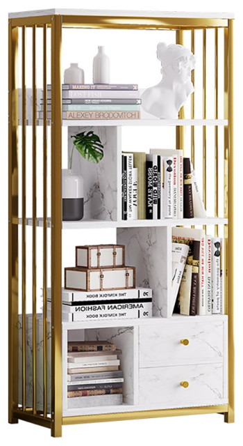 Modern Small Metal Etagere Bookshelf with 2 Drawers in White & Gold