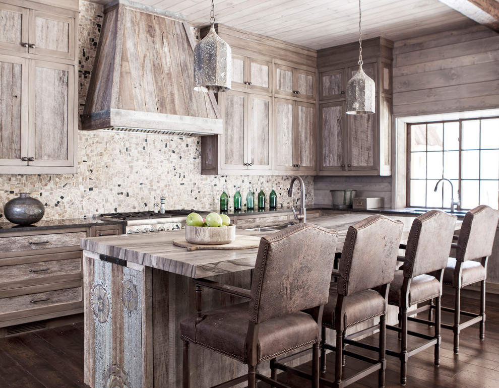 Inspiration for a country l-shaped kitchen in Other with distressed cabinets, multi-coloured splashback, mosaic tile splashback, dark hardwood floors and with island.