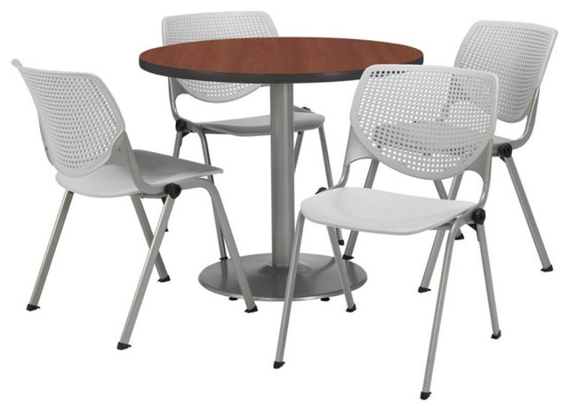 KFI Round 36" Dia. Pedestal Table - 4 Grey KOOL Chairs - Mahogany Top