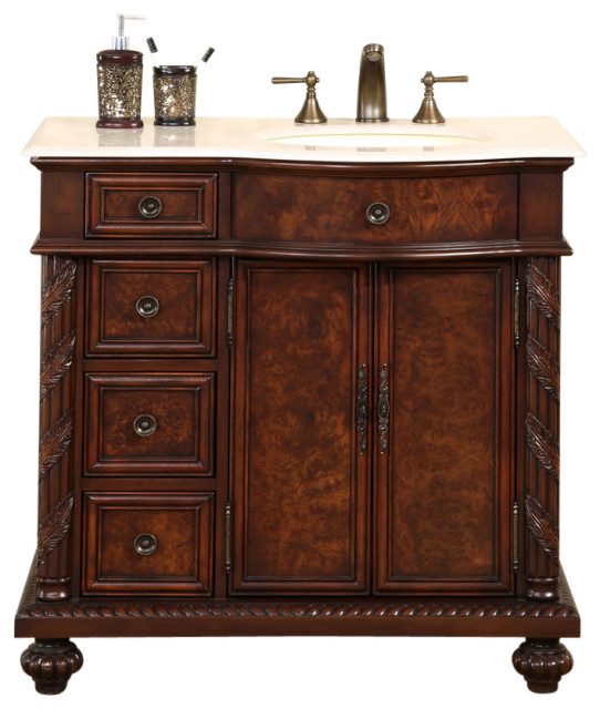 36 Inch Brown Burl Bathroom Vanity With Offset Sink Marble Traditional Vanities And Consoles By Unique Furniture Houzz - Bathroom Vanities With Sink 36 Inch