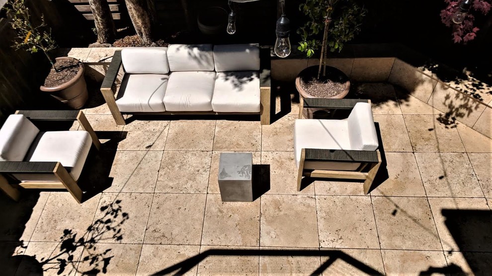 Split Level Travertine Patio and Ipe Deck with Cable Railing