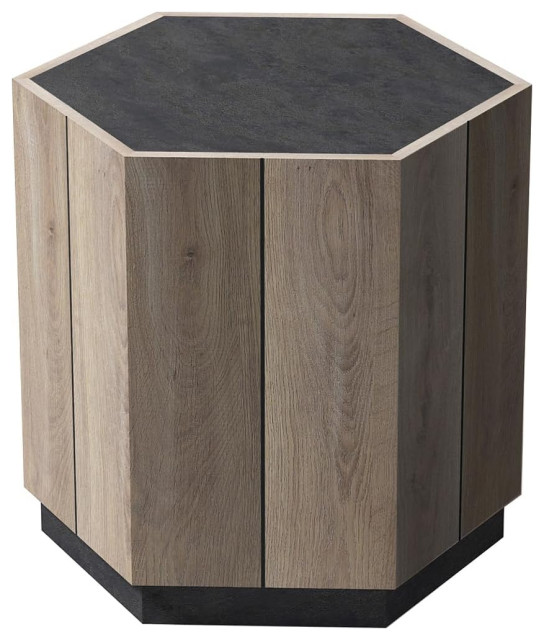 Farmhouse End Table, Hexagonal Design With 2 Hidden Storage Drawers, Light Oak Farmhouse