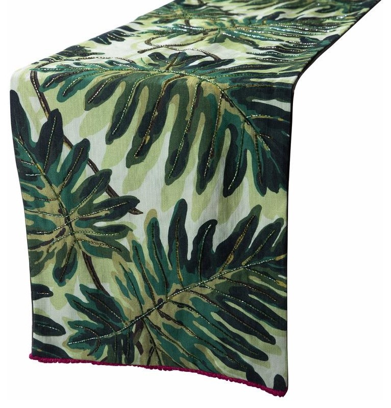Tropical Print Cotton Table Runner with Bead & Lace 16" x 120"-Tropically
