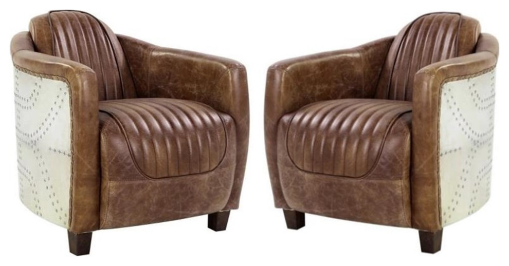 Home Square 2 Piece Top Grain Leather and Aluminum Chair Set in Retro Brown