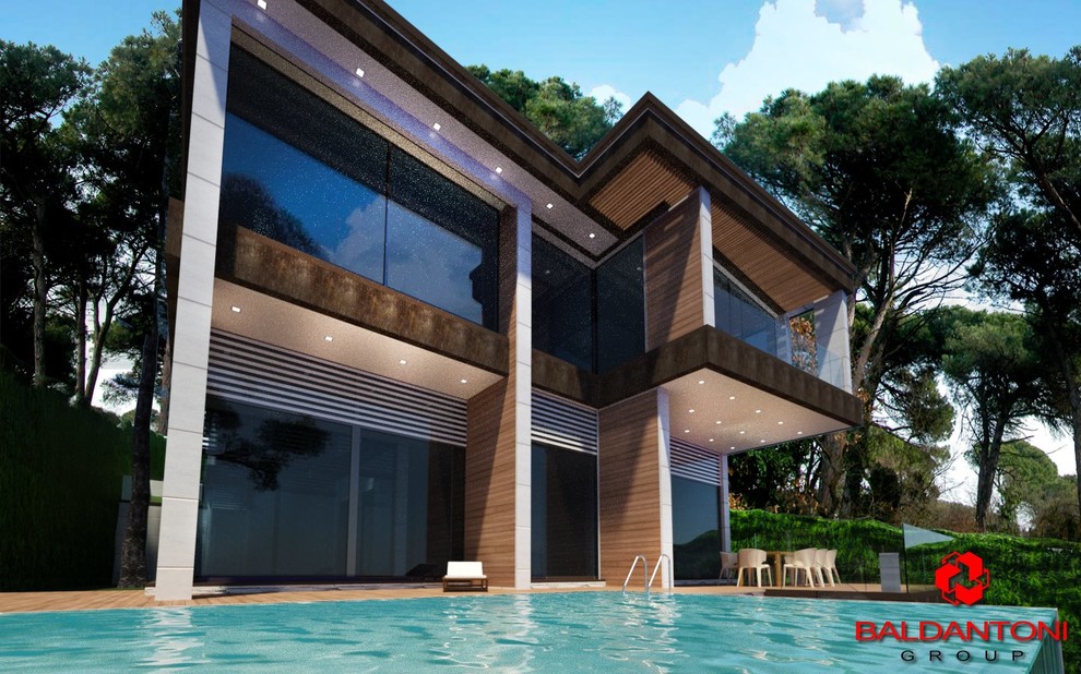 Idee per una piscina a sfioro infinito minimalista rettangolare di medie dimensioni e dietro casa