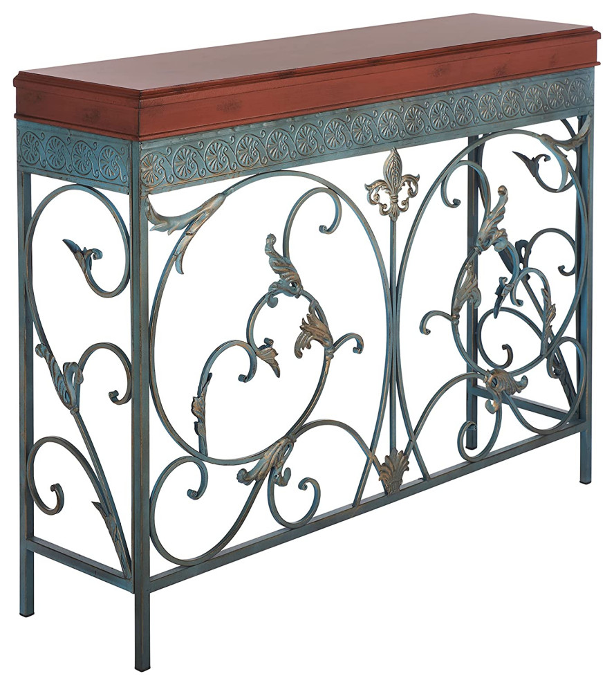 Traditional Console Table, Metal Frame With Floral Scroll Work & Wooden