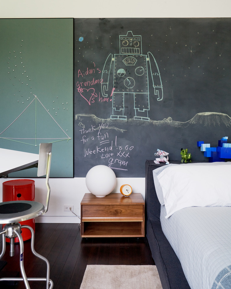 Inspiration for a contemporary kids' bedroom for kids 4-10 years old and boys in Kansas City with dark hardwood floors.