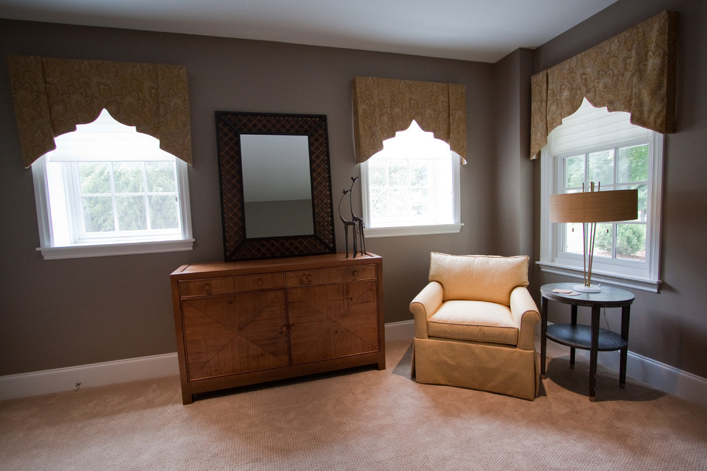 Mid-sized transitional guest carpeted bedroom photo with gray walls and no fireplace