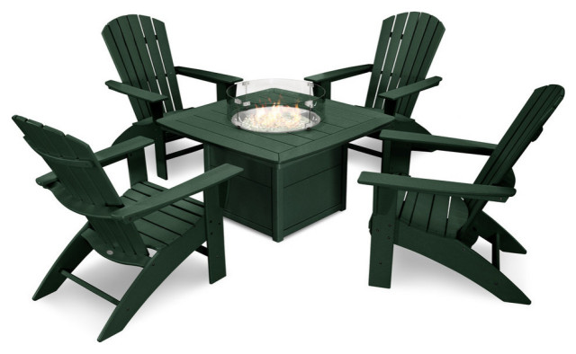 Nautical Curveback Adirondack 5-Piece Conversation Set With Fire Table, Green
