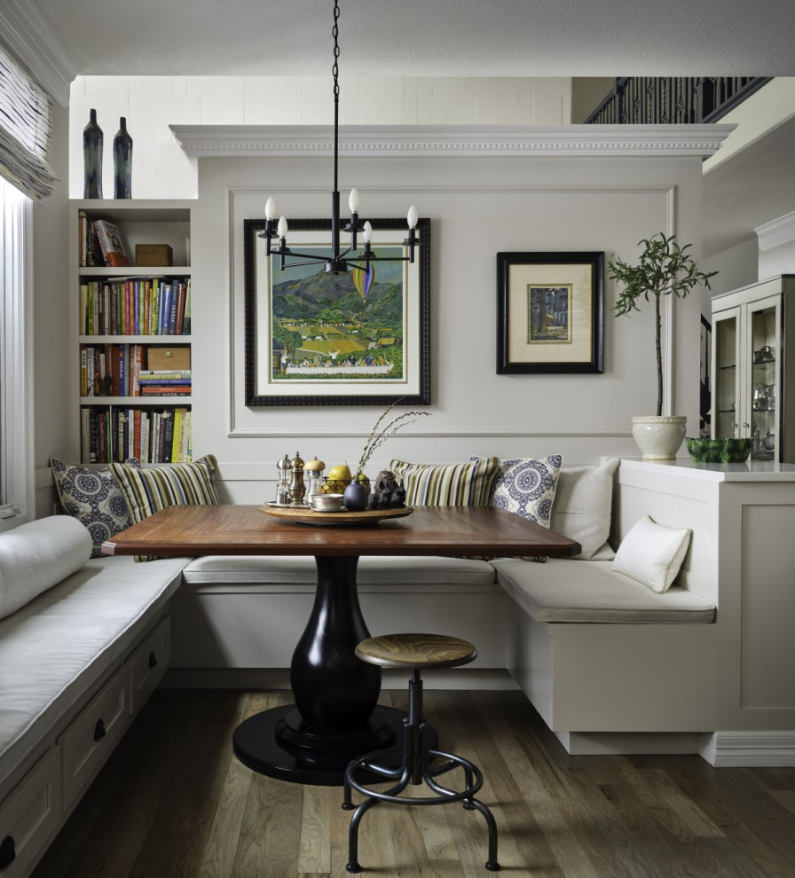 Inspiration for a large transitional dining room in Denver with beige walls, medium hardwood floors and wood walls.