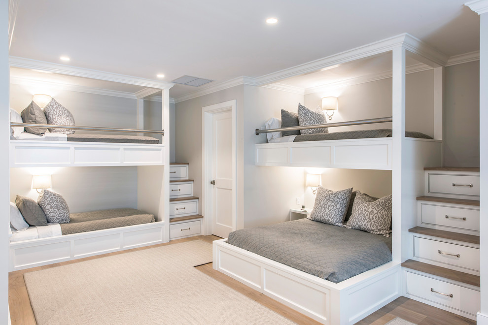 Inspiration for a mid-sized beach style gender-neutral kids' bedroom for kids 4-10 years old in Boston with grey walls, light hardwood floors and beige floor.