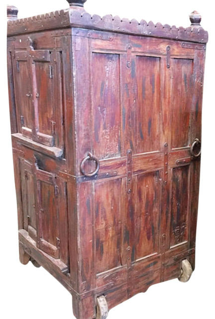Consigned Antique Wine Chest on Wheels Red Cabinet Vintage Indian Armoire