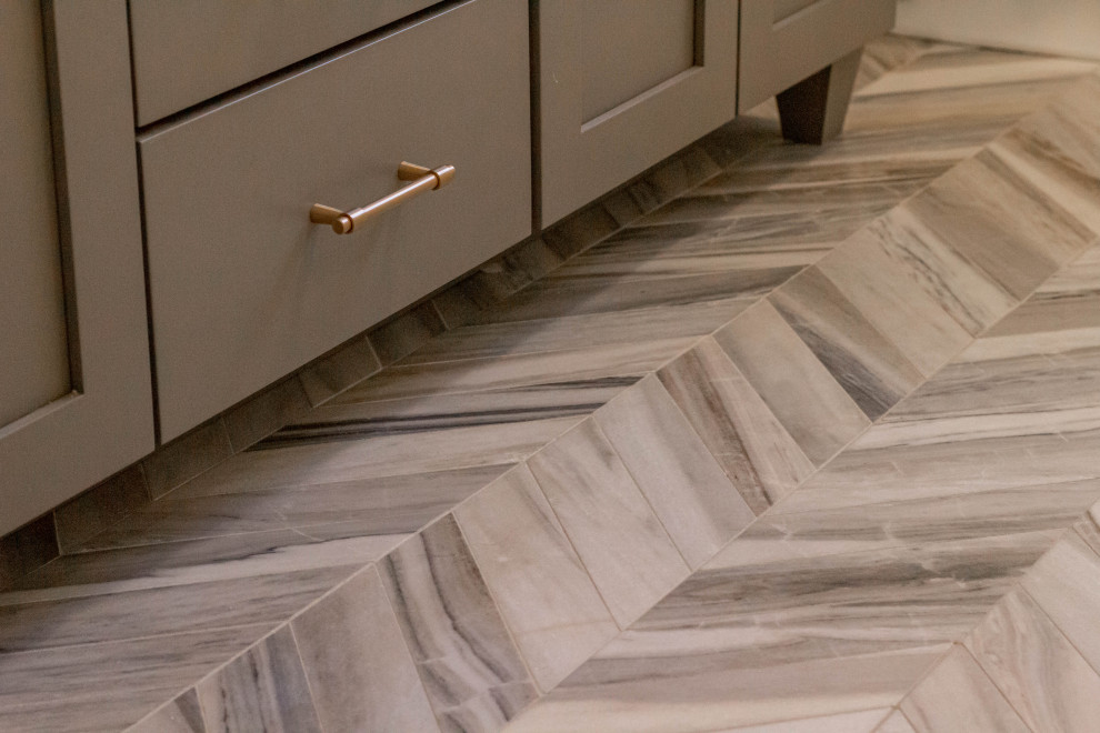 Example of a large transitional kids' white tile and stone slab porcelain tile, beige floor, double-sink and wall paneling freestanding bathtub design with beaded inset cabinets, light wood cabinets, a two-piece toilet, gray walls, an undermount sink, quartz countertops, a hinged shower door, white countertops, a niche and a built-in vanity