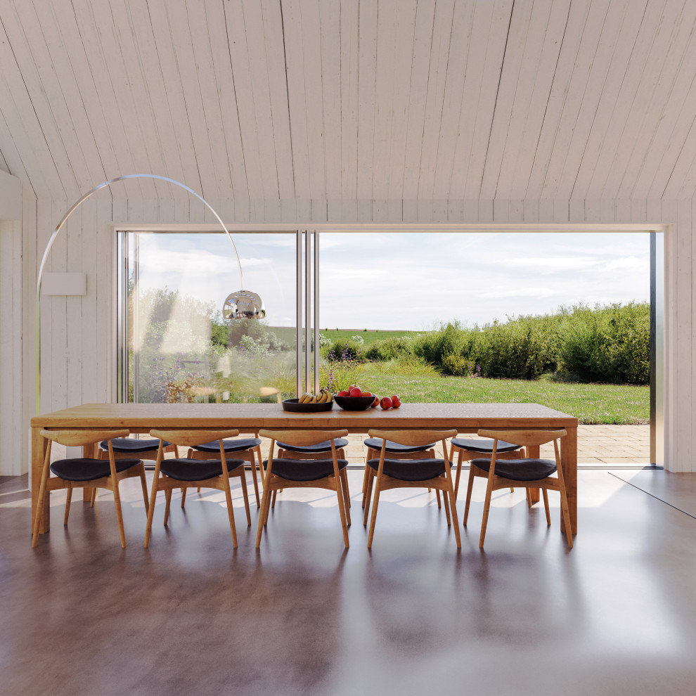 Immagine di una sala da pranzo aperta verso la cucina stile marino di medie dimensioni con pareti bianche, pavimento in cemento, stufa a legna, pavimento grigio, soffitto a volta e pareti in legno