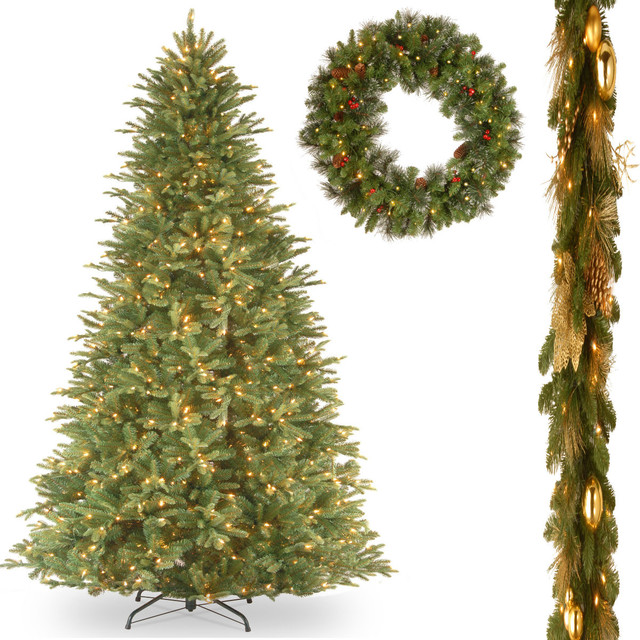 9' Tiffany Fir Slim Hinged Tree With Garland and Crestwood Wreath