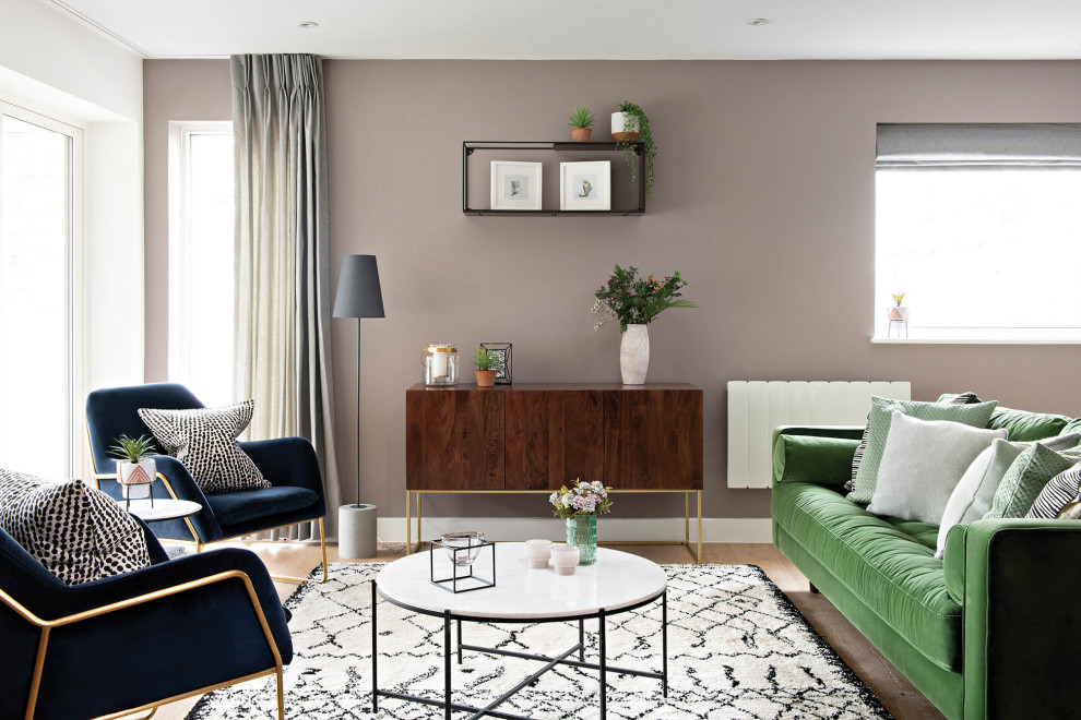 Inspiration for a medium sized contemporary formal open plan living room in London with light hardwood flooring, no fireplace, no tv and beige floors.