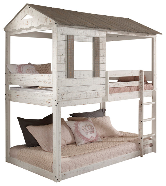 Acme Twin Bunk Bed With Rustic White Finish 38135