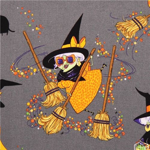 smoke Halloween fabric witch broom cat Alexander Henry USA