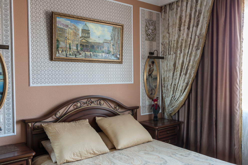 Photo of a large traditional master bedroom in Saint Petersburg with beige walls, ceramic floors and brown floor.