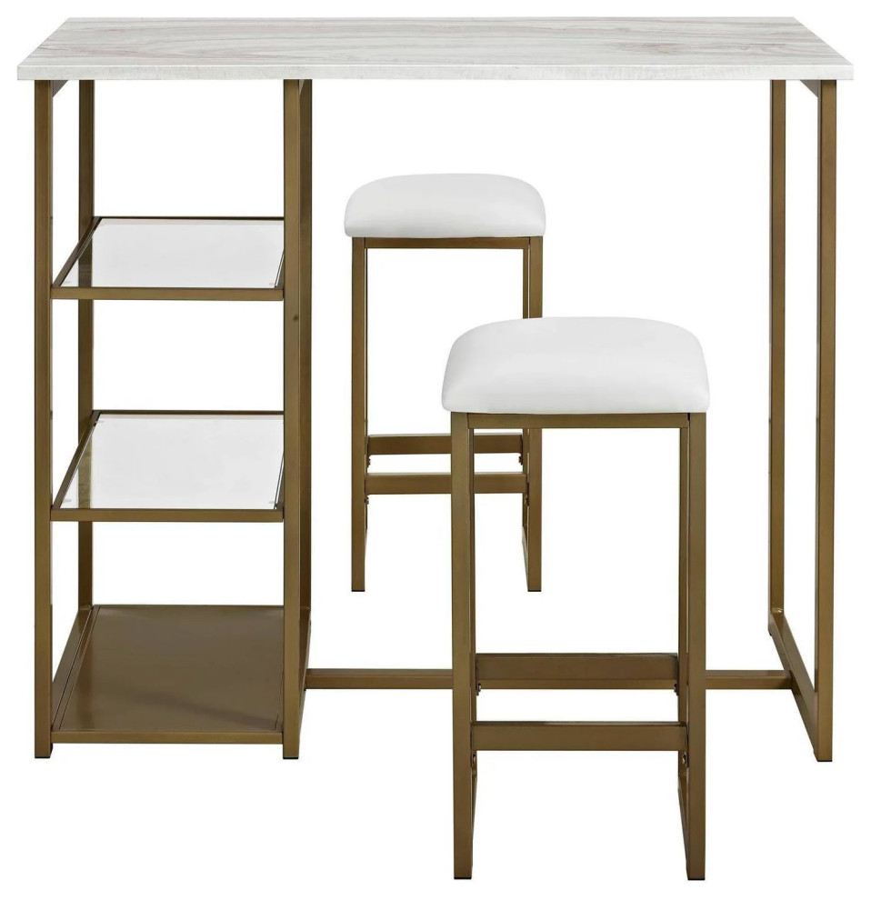 3 Pieces Modern Bistro Set, White Faux Marble Top & 2 Cushioned Stools