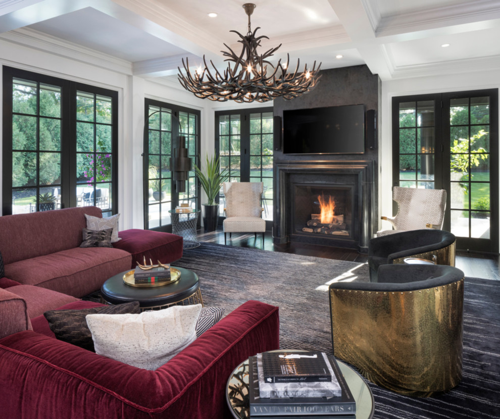 Contemporary formal enclosed living room in Minneapolis with white walls, dark hardwood floors, a standard fireplace, a wall-mounted tv and brown floor.