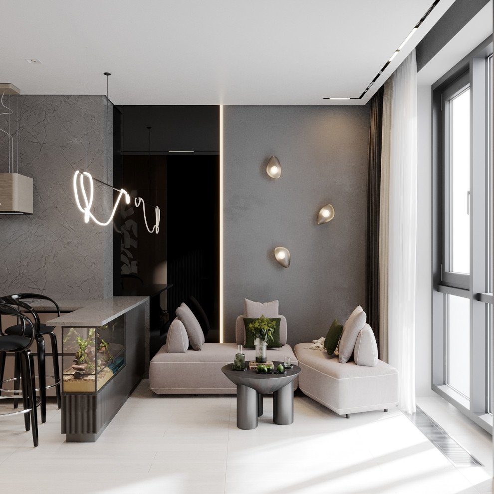 Idéer för mellanstora funkis vardagsrum, med grå väggar, vinylgolv, en väggmonterad TV och beiget golv