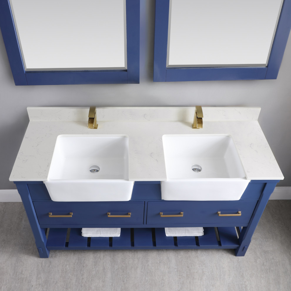 Immagine di una stanza da bagno country di medie dimensioni con top in marmo, mobile bagno freestanding e due lavabi