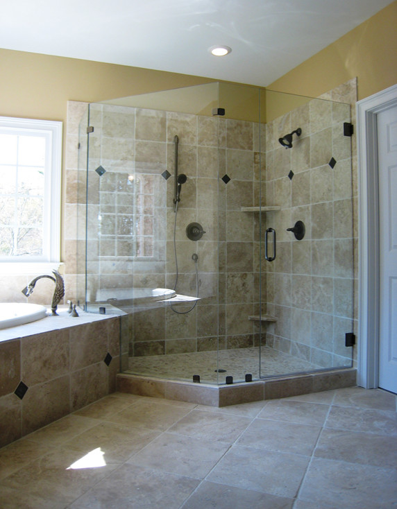 Design ideas for a transitional bathroom in Charlotte with beige tile and yellow walls.