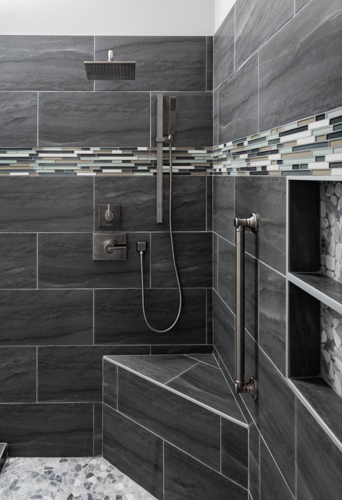 Design ideas for a large industrial master bathroom in Atlanta with an open shower, gray tile, porcelain tile, porcelain floors, engineered quartz benchtops, grey floor, an open shower, white benchtops and a niche.