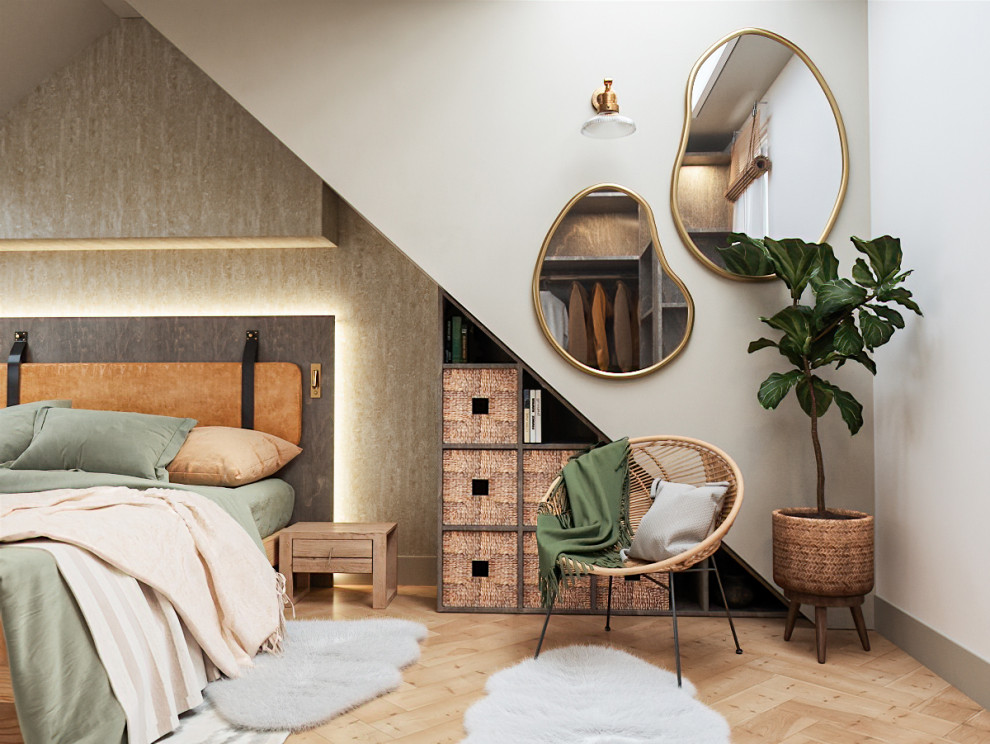 Small trendy master light wood floor, brown floor and wallpaper bedroom photo in London with beige walls