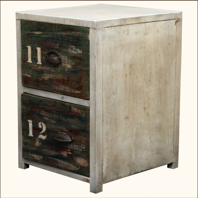 Industrial Reclaimed Wood & Iron End Table 2-Drawer Night Stand