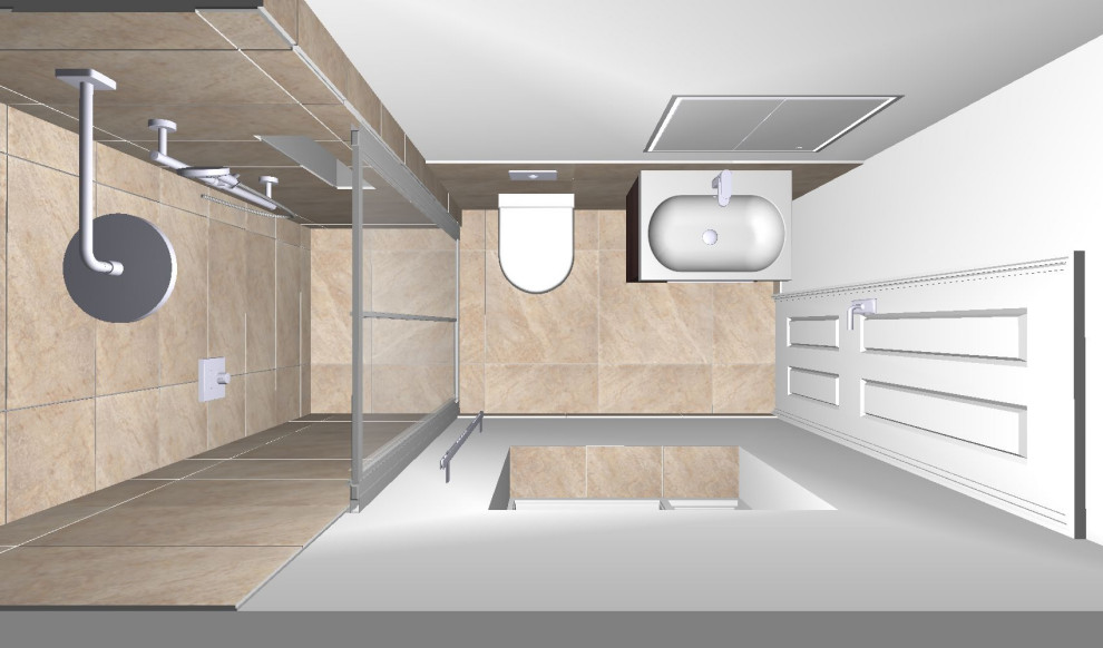 Design ideas for a small contemporary master bathroom in Cheshire with light wood cabinets, a curbless shower, a wall-mount toilet, beige tile, porcelain floors, beige floor, a niche and a floating vanity.
