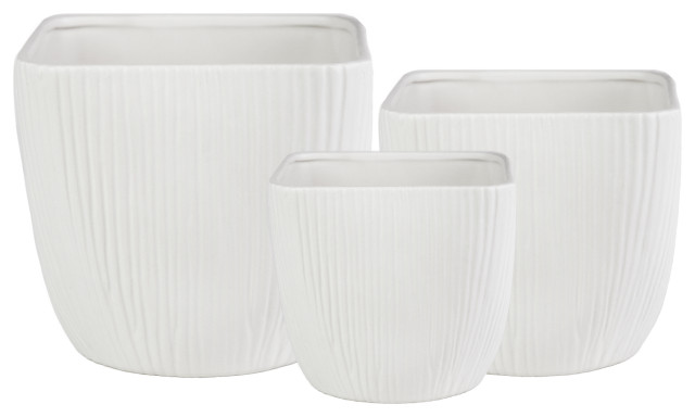 Square Ceramic Pot with Brushed Column Design Matte White Finish, Set of 3