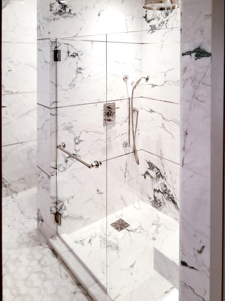 Design ideas for a large modern master bathroom in New York with an alcove shower, a bidet, gray tile, stone slab, marble floors, multi-coloured floor and a hinged shower door.