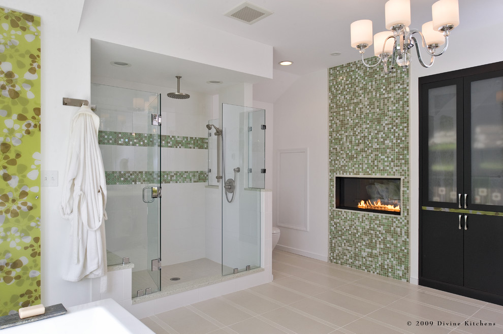 Example of a large trendy master white tile and porcelain tile porcelain floor bathroom design in Boston with an undermount sink, flat-panel cabinets, engineered quartz countertops, a two-piece toilet, white walls and black cabinets