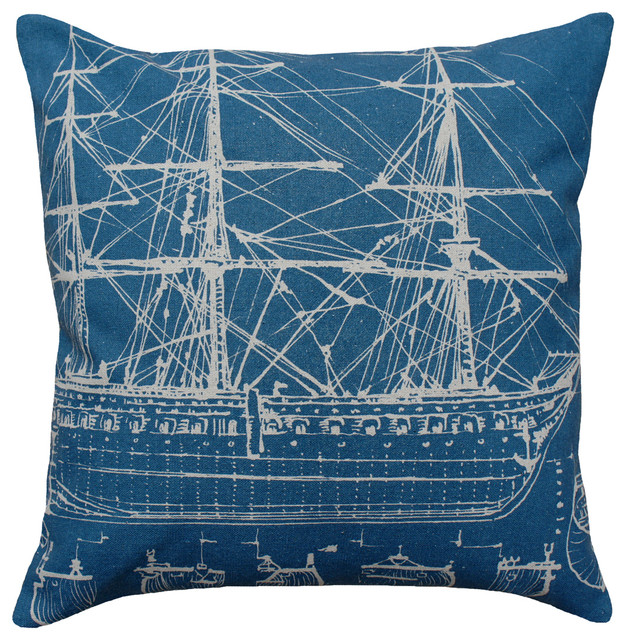 White Ship, Hand-Printed on Marine Blue Linen Pillow