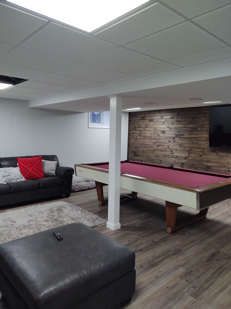 Photo of a modern look-out basement in New York with a game room, medium hardwood floors and brown floor.