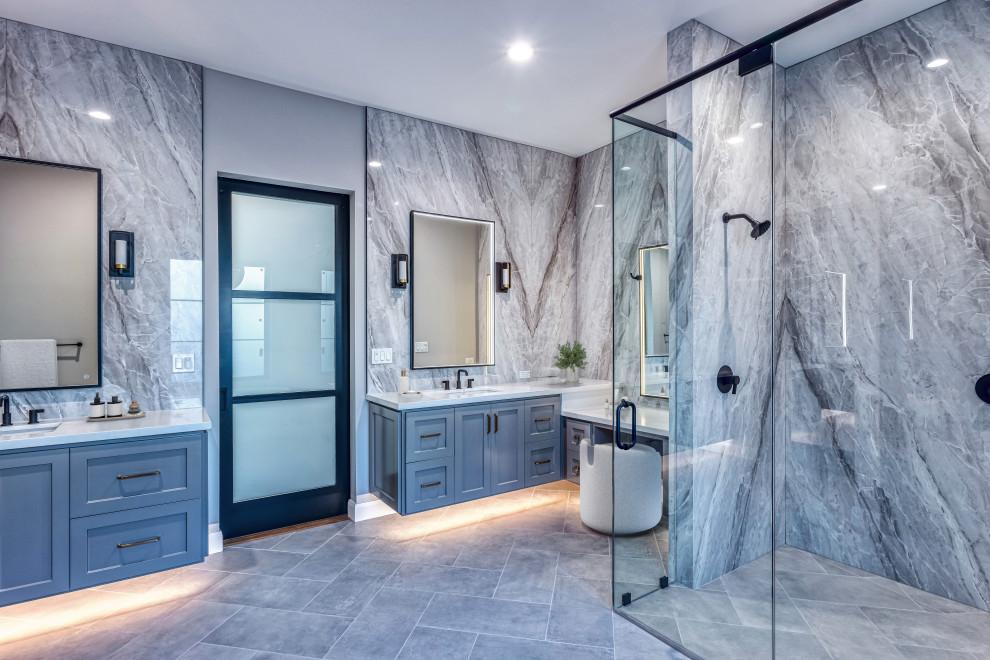 Blue Double Vanities & Marble Walk In Shower Primary Bathroom | French Country T