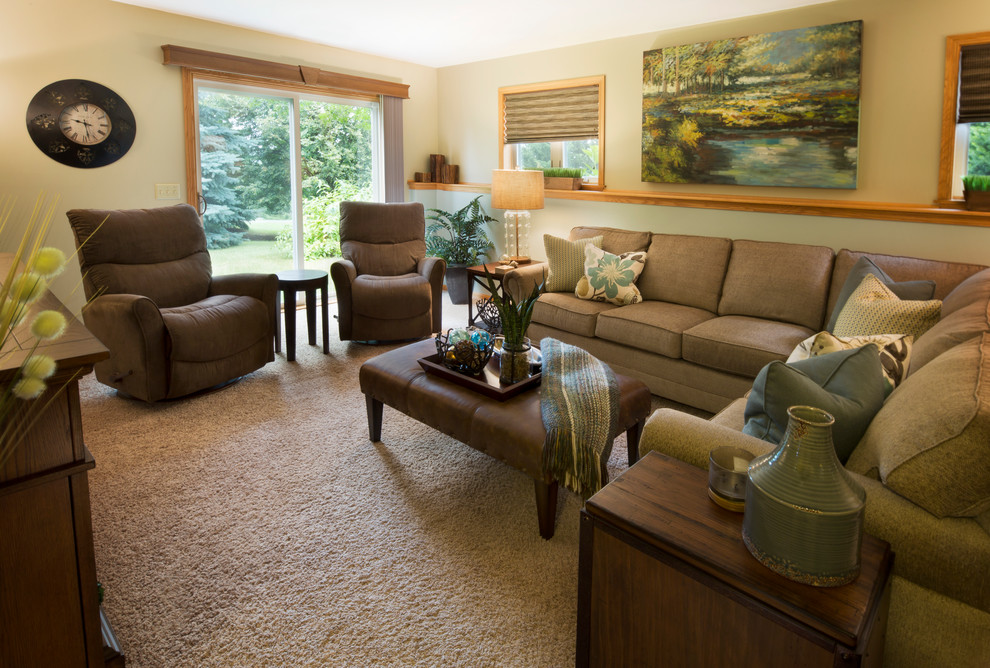 Photo of a mid-sized beach style formal enclosed living room in Milwaukee with beige walls, carpet, no fireplace, no tv and beige floor.