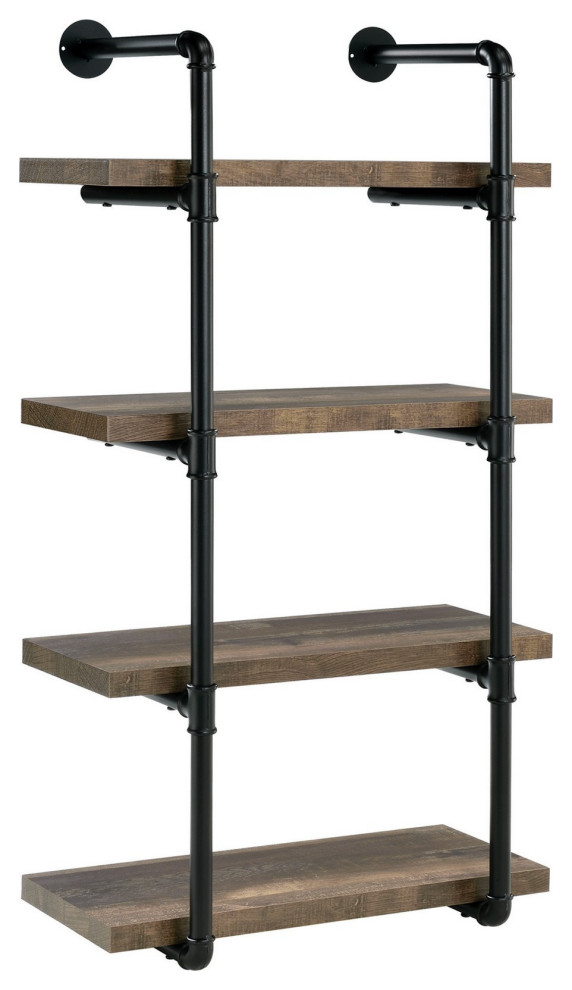 Benzara BM245876 Wall Shelf With 4 Shelves and Piped Metal Frame, Brown/Black