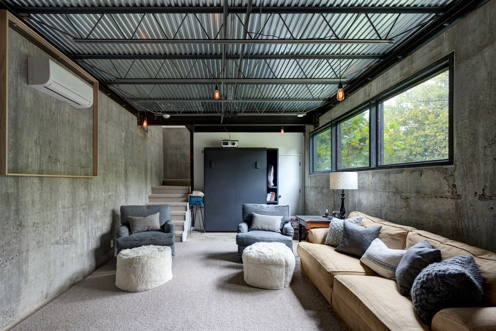 Large urban look-out carpeted and gray floor basement photo in Austin with gray walls and no fireplace