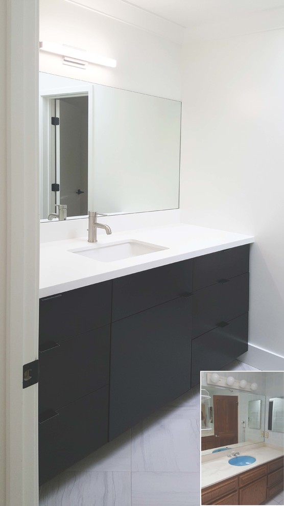 Inspiration for a mid-sized contemporary kids bathroom in San Diego with flat-panel cabinets, brown cabinets, white tile, white walls, ceramic floors, an undermount sink, engineered quartz benchtops and white floor.