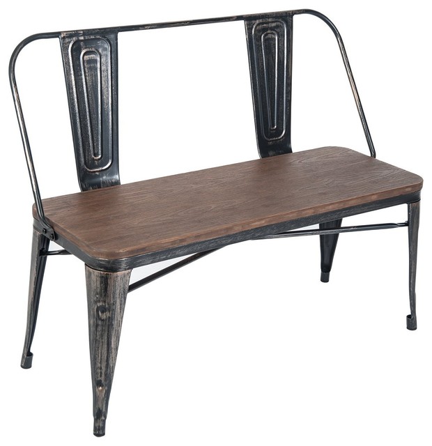 Distressed Dining Bench With Wooden Seat Panel Metal Backrest And