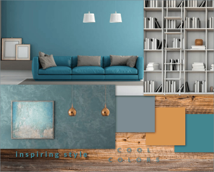 Idéer för ett mellanstort modernt avskilt allrum, med ett bibliotek, blå väggar, mörkt trägolv och orange golv