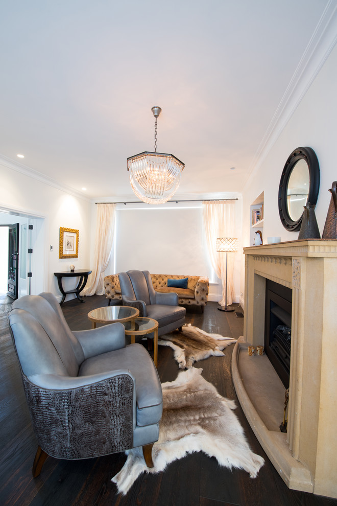 Inspiration for an expansive contemporary formal open concept living room in Sunshine Coast with white walls, dark hardwood floors, a standard fireplace, a stone fireplace surround and black floor.
