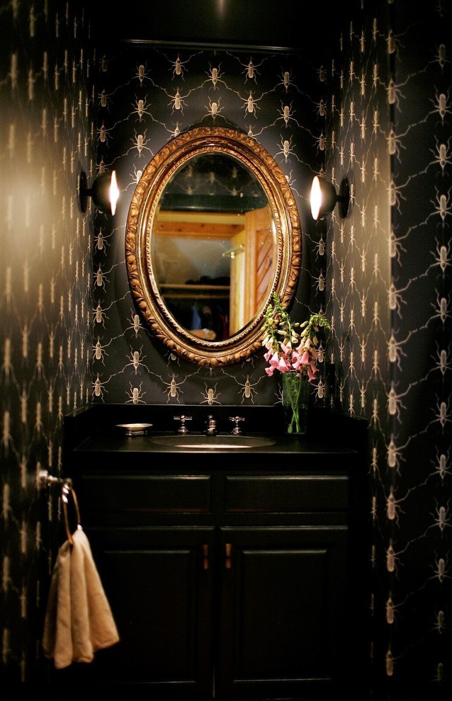 Small eclectic bathroom in Other with black walls, raised-panel cabinets, black cabinets, an undermount sink, engineered quartz benchtops, black benchtops, a single vanity, a built-in vanity and wallpaper.