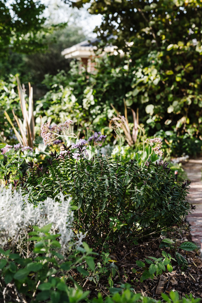 Idee per un piccolo giardino xeriscape american style esposto a mezz'ombra davanti casa in primavera con un ingresso o sentiero, pavimentazioni in mattoni e recinzione in legno