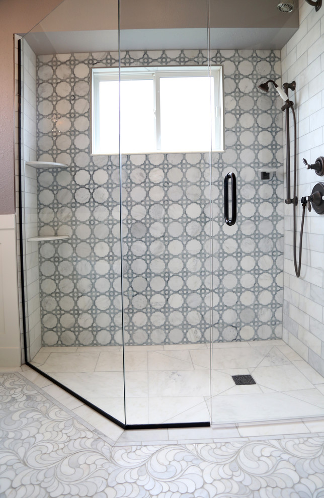 Art Glass and Marble Shower Tile - Transitional - Bathroom - Denver ...