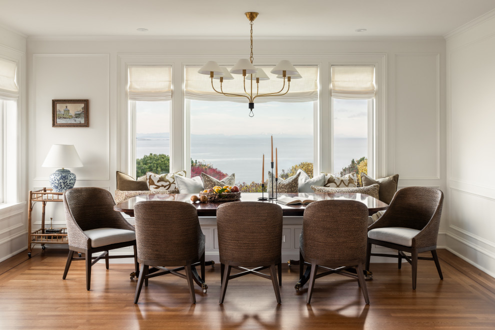 Inspiration for a traditional dining room in Vancouver with white walls, medium hardwood floors, brown floor and panelled walls.