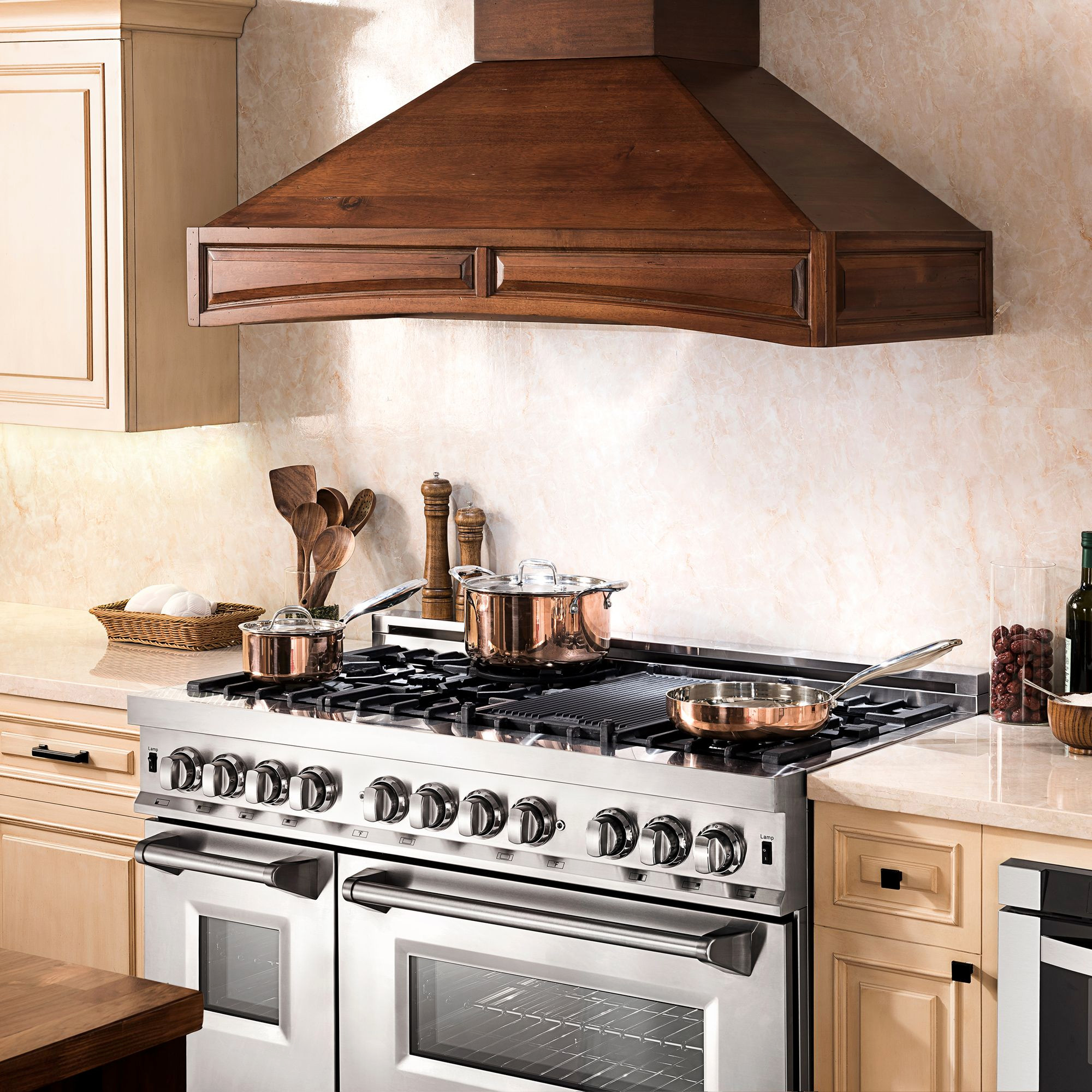 Kitchens featuring a ZLINE Wooden Wall Range Hood